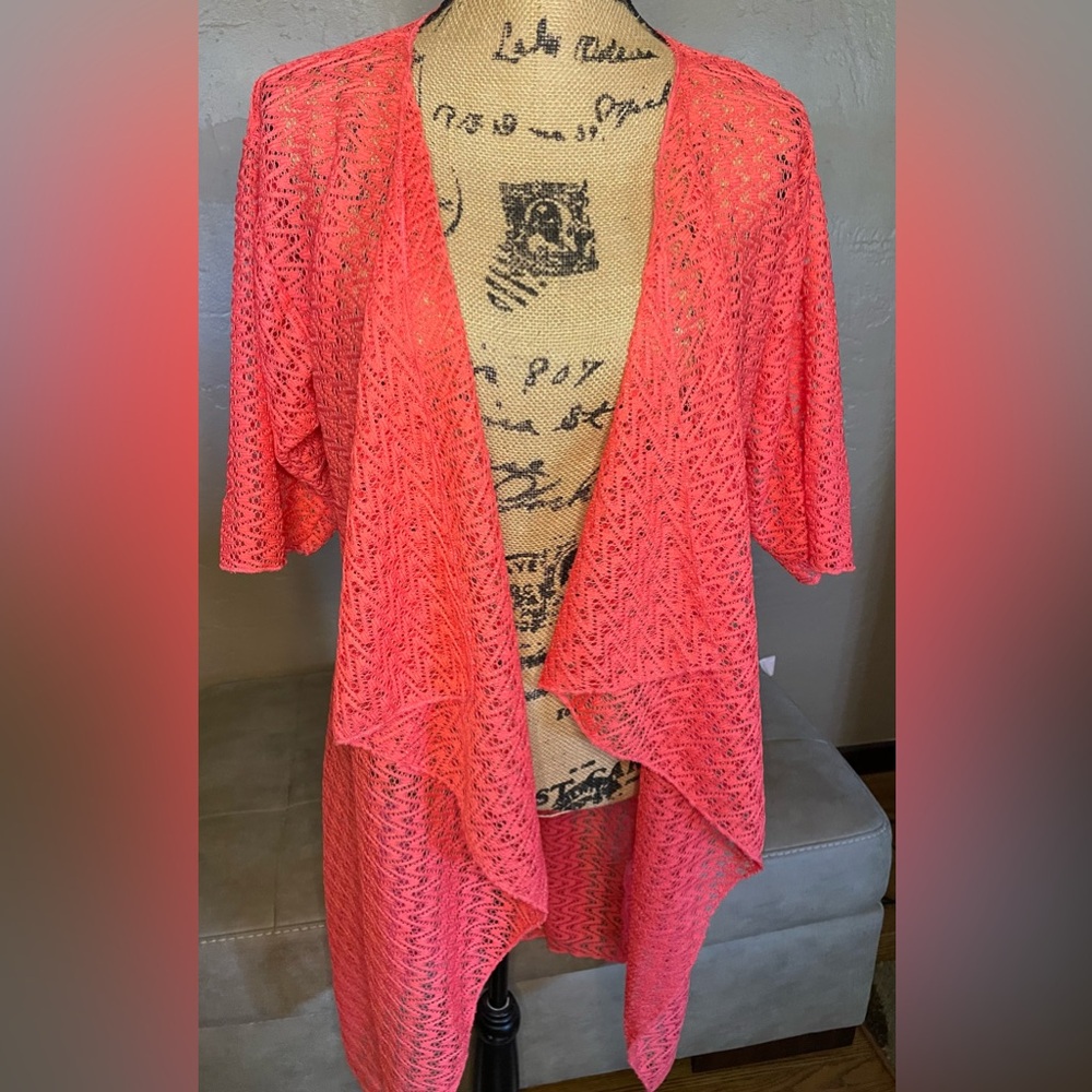 LuLaRoe Vibrant coral Lace Cardigan lightjacket or duster short sleeve L PTP 24”